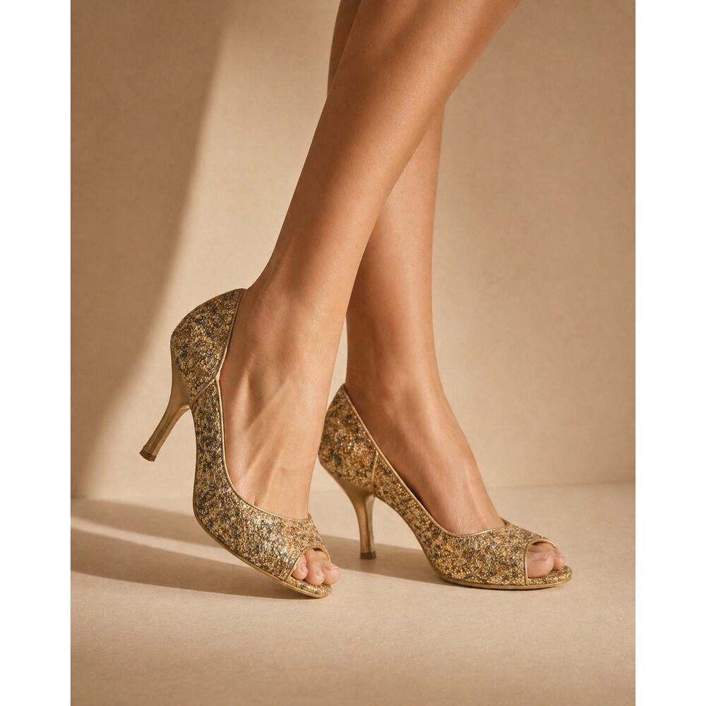 ENZO ANGIOLINI Womens Gold Glitter Peep Toe Pumps Heels Size 6